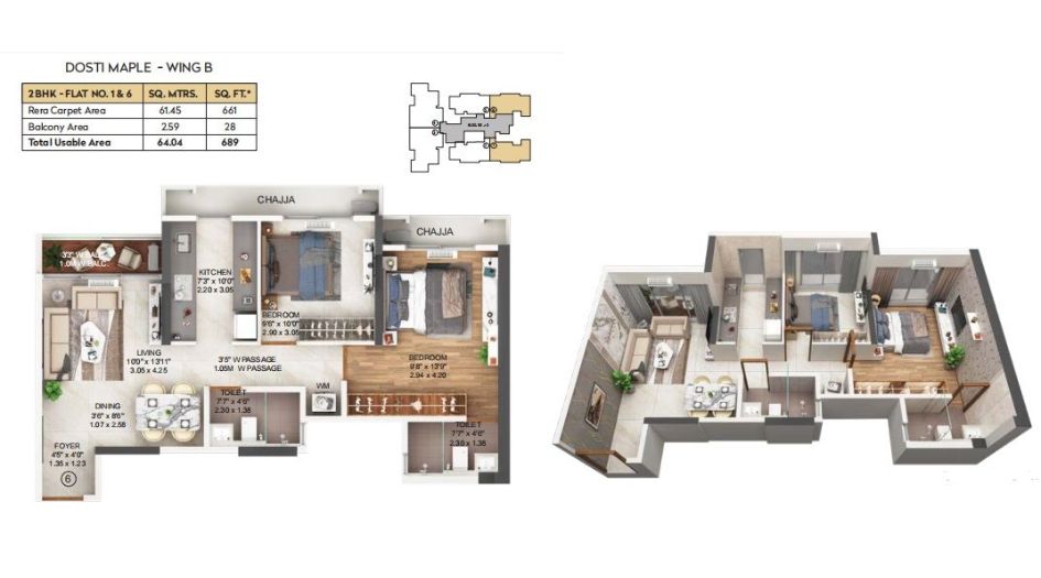 Dosti-Maple-Floor-Plan-B Wing-2 BHK-689 Sqft